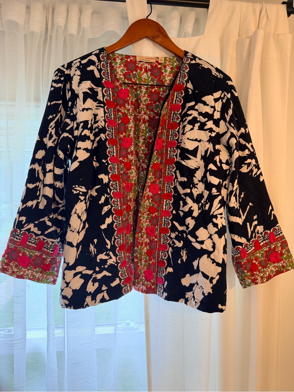 Choices Embroidered Open-Front Black & White Floral Jacket with Pink Trim